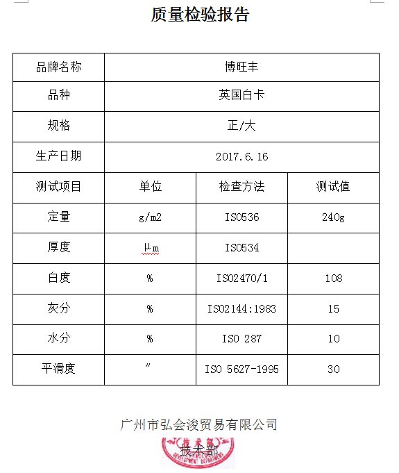 質(zhì)量檢驗(yàn)報(bào)告  英國(guó)白卡240g